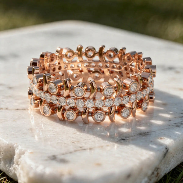 Close-up: Round Diamond Rings with Bezel Setting in 14k Rose Gold - Lab Grown - Driona Jewels