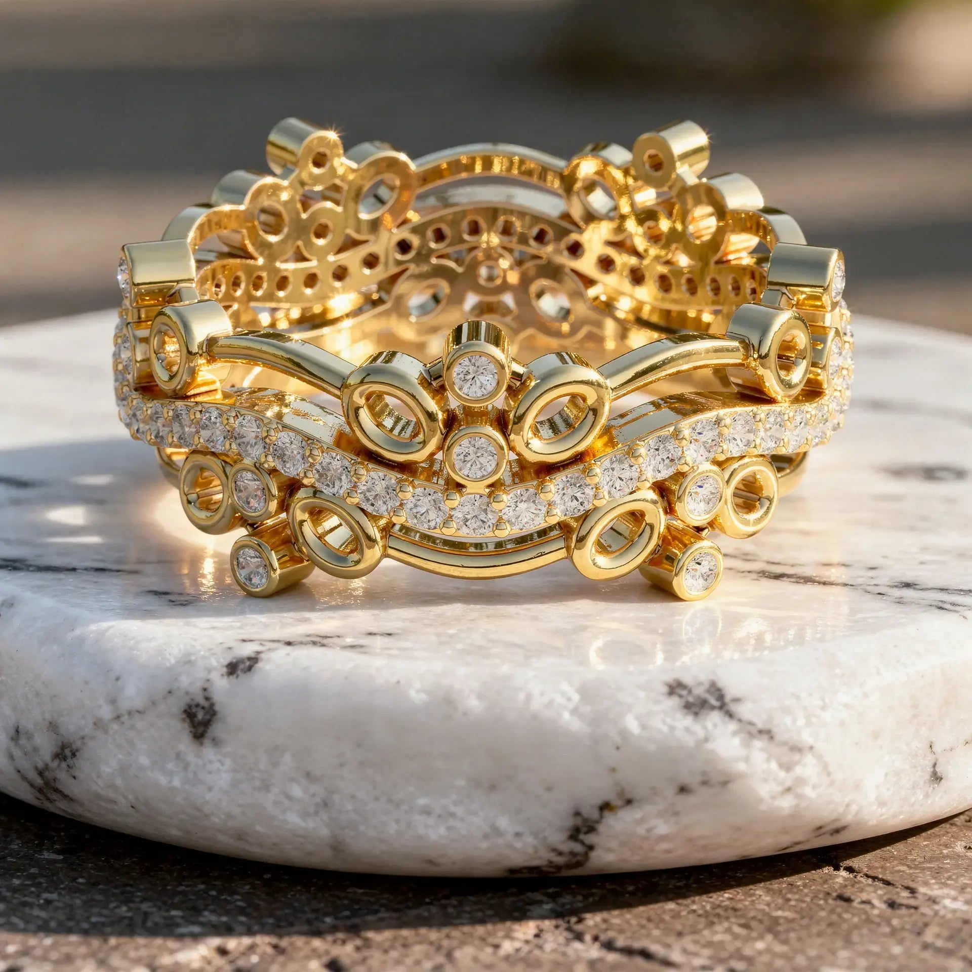 Close-up: Round Diamond Rings with Bezel Setting in 14k Yellow Gold - Lab Grown - Driona Jewels