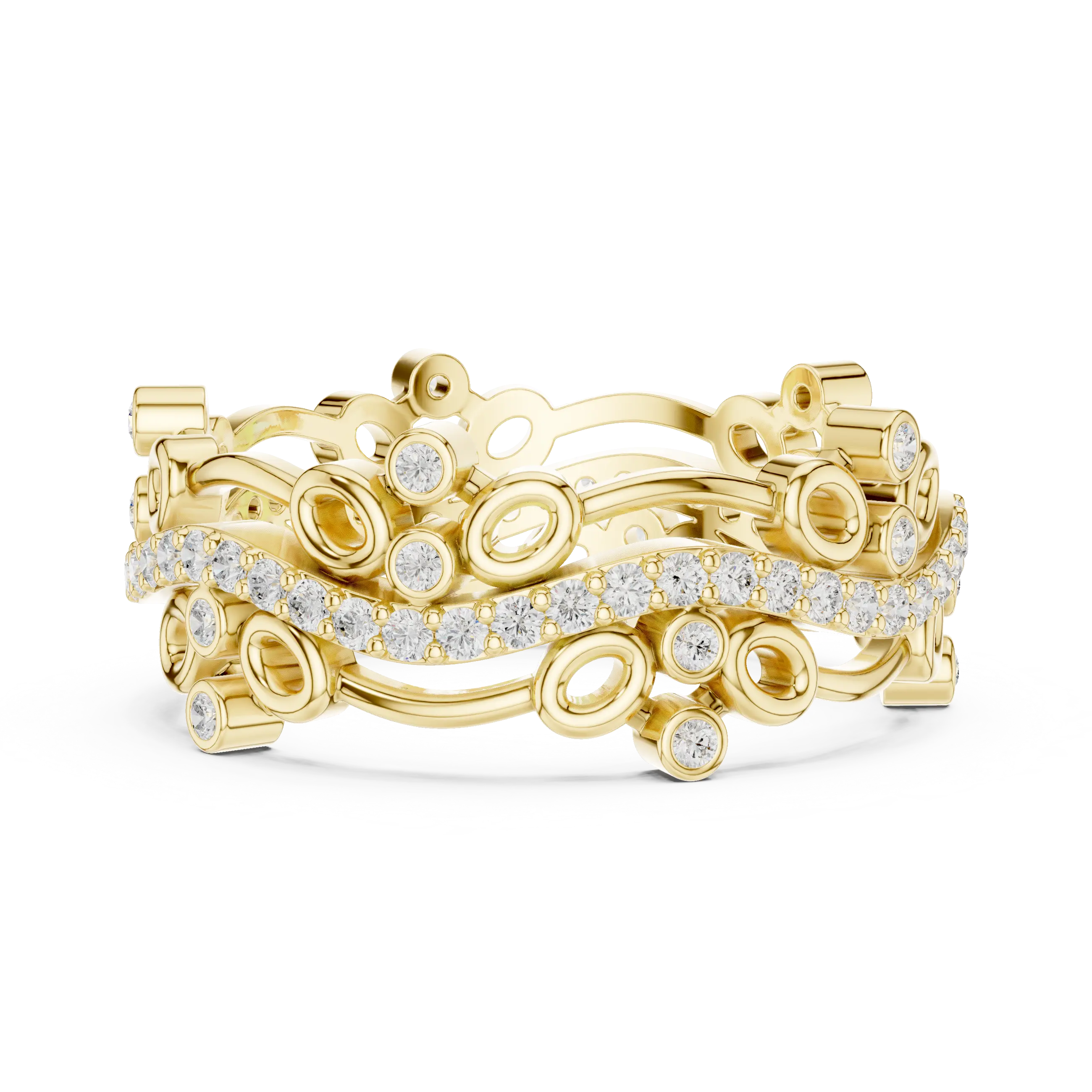 Flat Lay: Round Diamond Rings with Bezel Setting in 14k Yellow Gold - Lab Grown - Driona Jewels