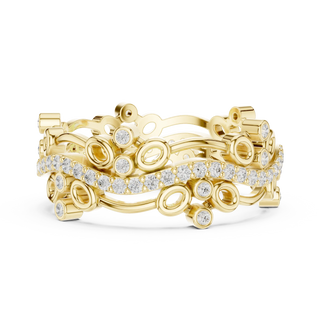 Flat Lay: Round Diamond Rings with Bezel Setting in 14k Yellow Gold - Lab Grown - Driona Jewels