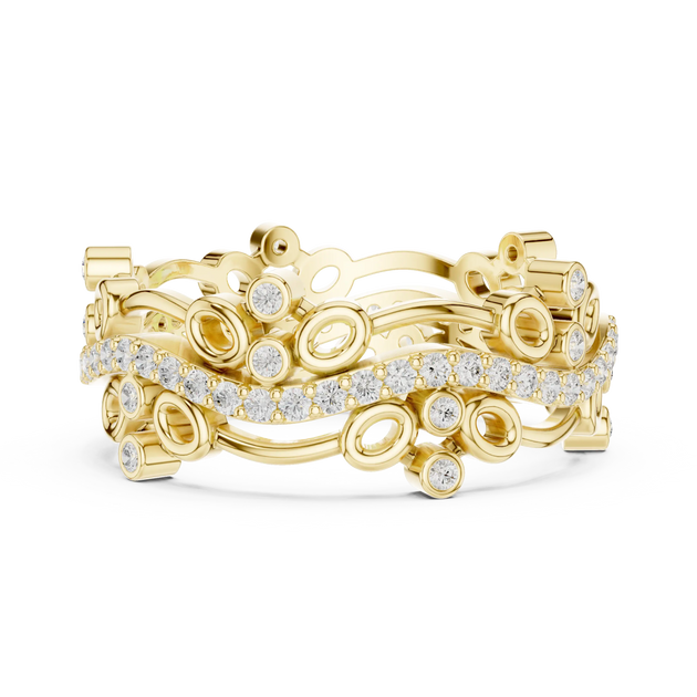 Flat Lay: Round Diamond Rings with Bezel Setting in 14k Yellow Gold - Lab Grown - Driona Jewels