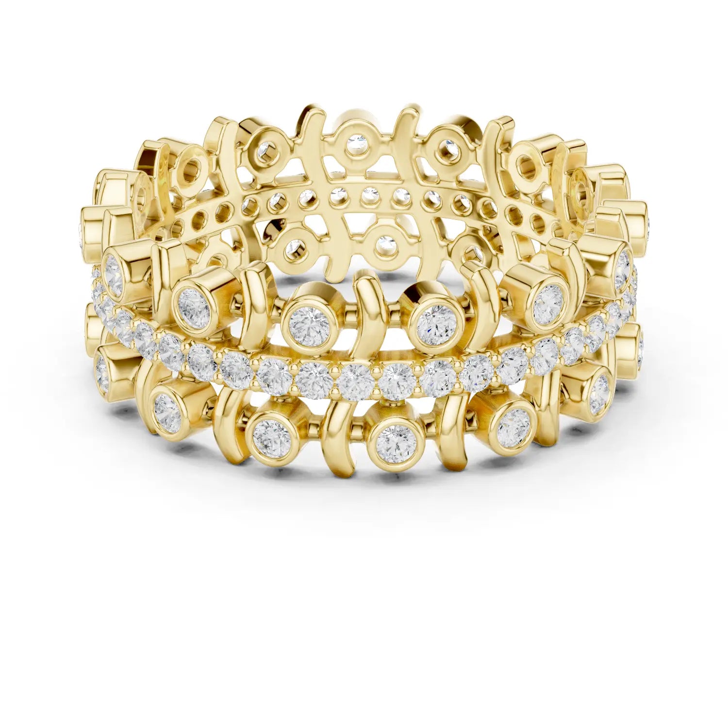 Front-view: Round Diamond Rings with Bezel Setting in 14k Yellow Gold - Lab Grown - Driona Jewels