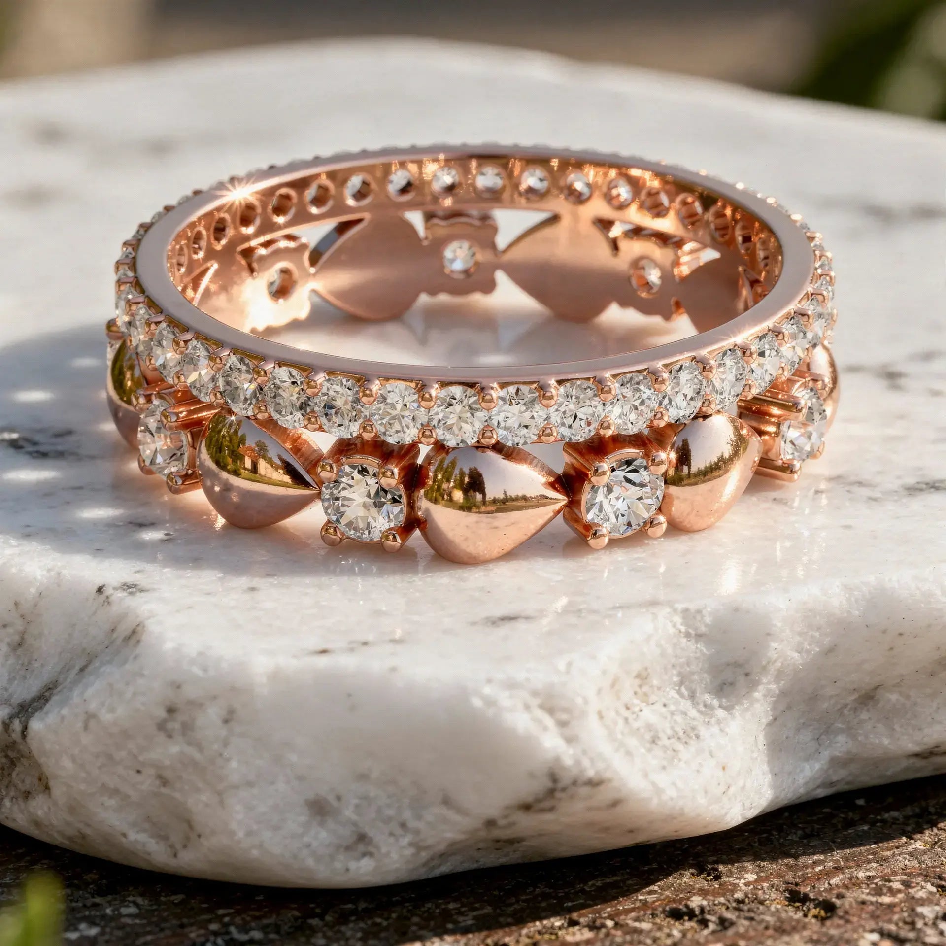 Close-up: Round Diamond Eternity Band with Pave Setting in 14k Rose Gold - Lab Grown - Driona Jewels