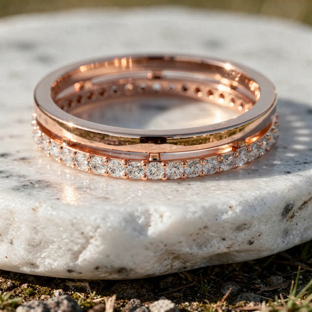 Close-up: Round Diamond Ring with Pave Setting in 14k Rose Gold - Lab Grown - Driona Jewels