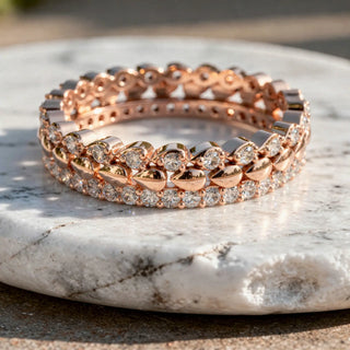 Flat Lay: Round Diamond Rings with Pave Setting in 14k Rose Gold - Lab Grown - Driona Jewels