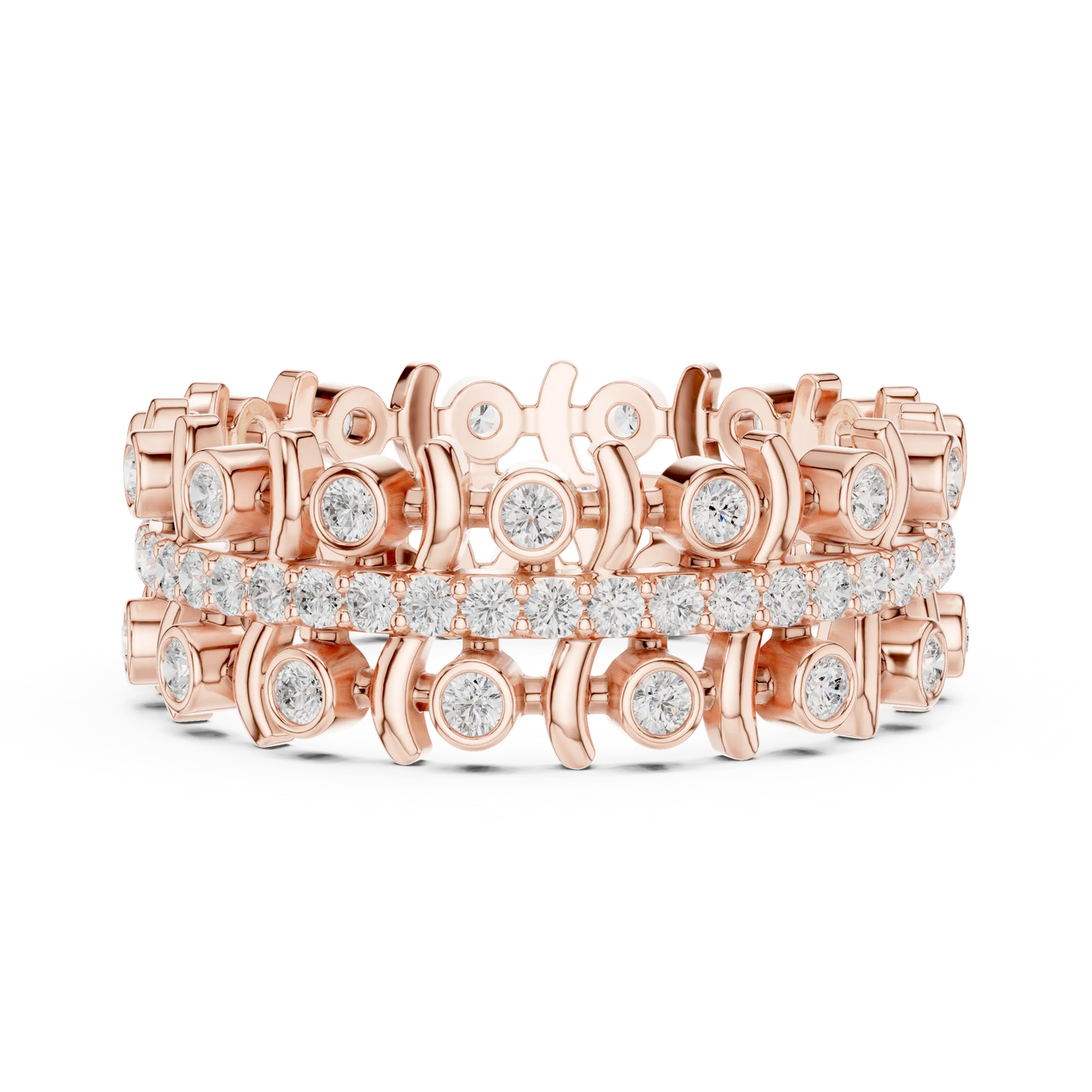 Front View: Round Diamond Rings with Pave Setting in 14k Rose Gold - Lab Grown - Driona Jewels