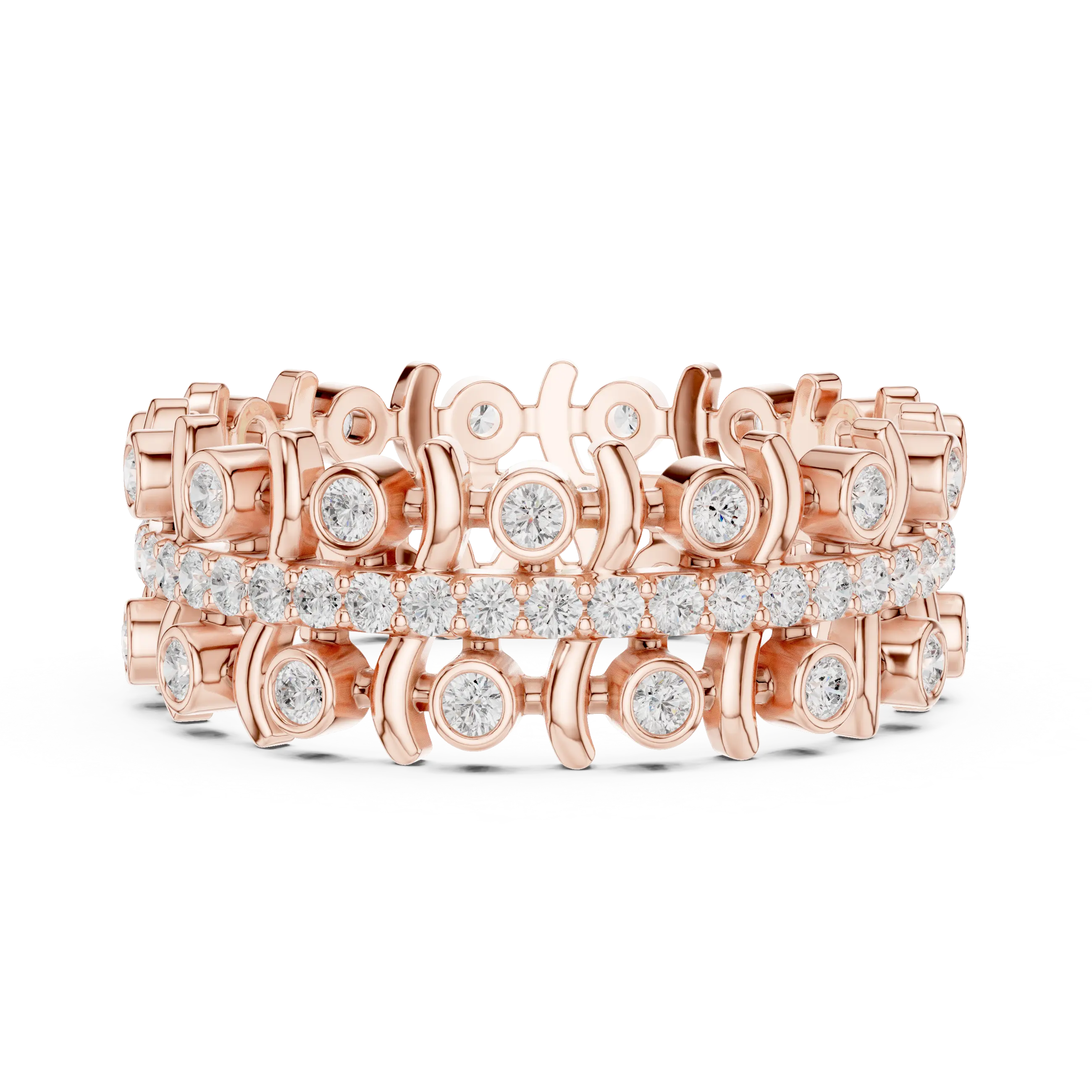 Front View: Round Diamond Rings with Pave Setting in 14k Rose Gold - Lab Grown - Driona Jewels