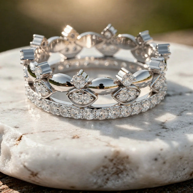 Close-up: Round Diamond Rings with Pave Setting in 14k White Gold - Lab Grown - Driona Jewels