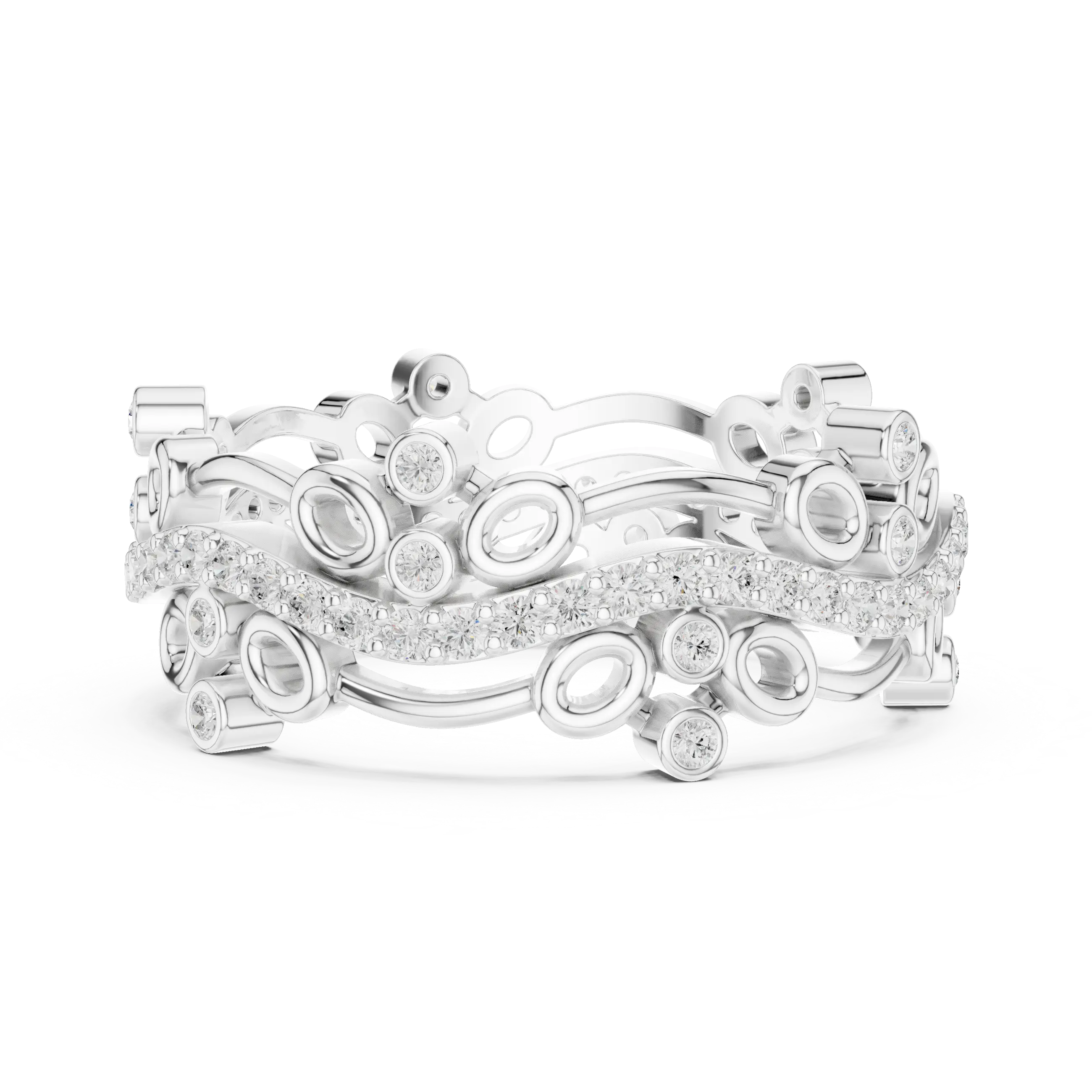 Flat Lay: Round Diamond Rings with Pave Setting in 14k White Gold - Lab Grown - Driona Jewels