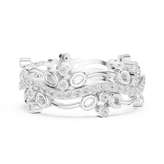 Flat Lay: Round Diamond Rings with Pave Setting in 14k White Gold - Lab Grown - Driona Jewels