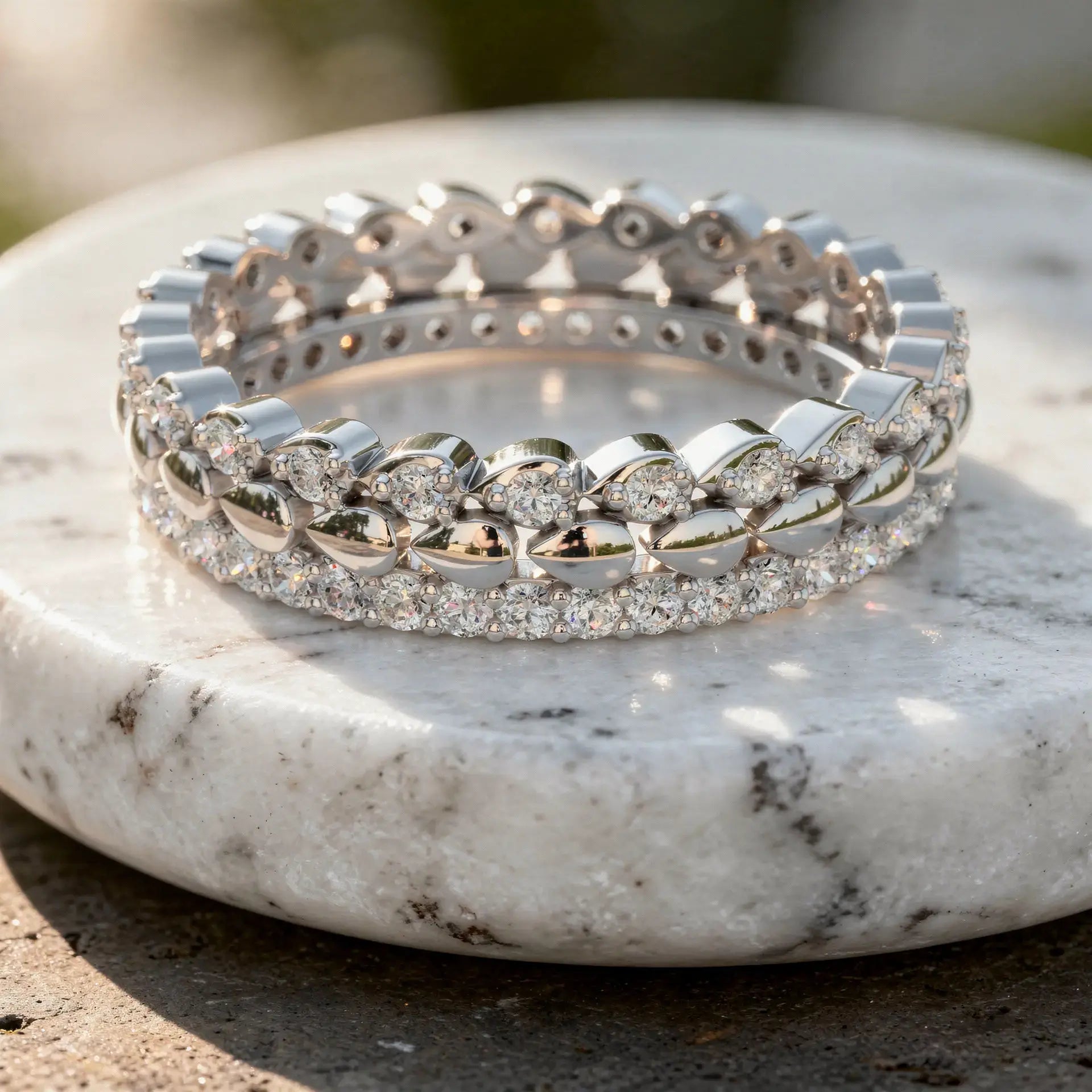 Flat Lay: Round Diamond Rings with Pave Setting in 14k White Gold - Lab Grown - Driona Jewels