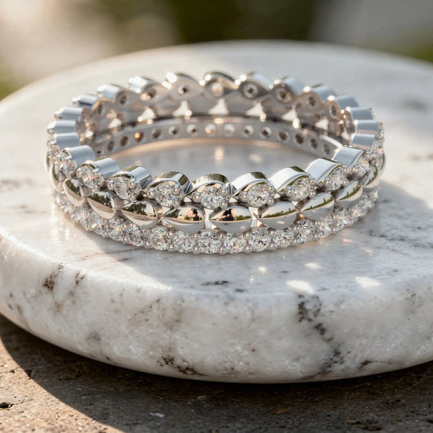 Flat Lay: Round Diamond Rings with Pave Setting in 14k White Gold - Lab Grown - Driona Jewels