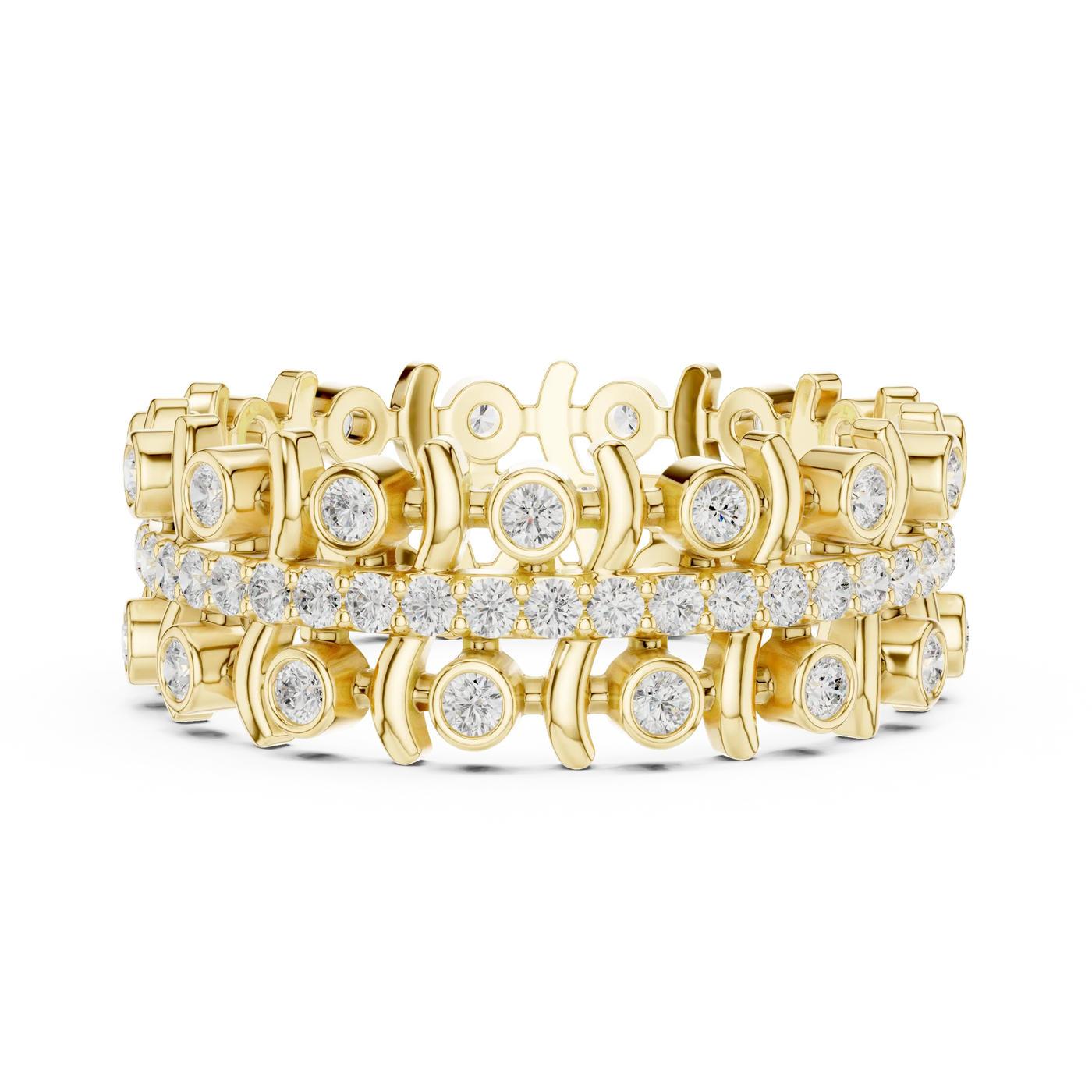 Flat Lay: Round Diamond Rings with Pave Setting in 14k Yellow Gold - Lab Grown - Driona Jewels