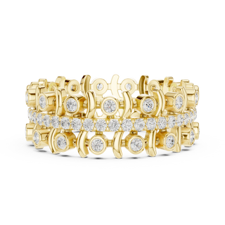 Flat Lay: Round Diamond Rings with Pave Setting in 14k Yellow Gold - Lab Grown - Driona Jewels