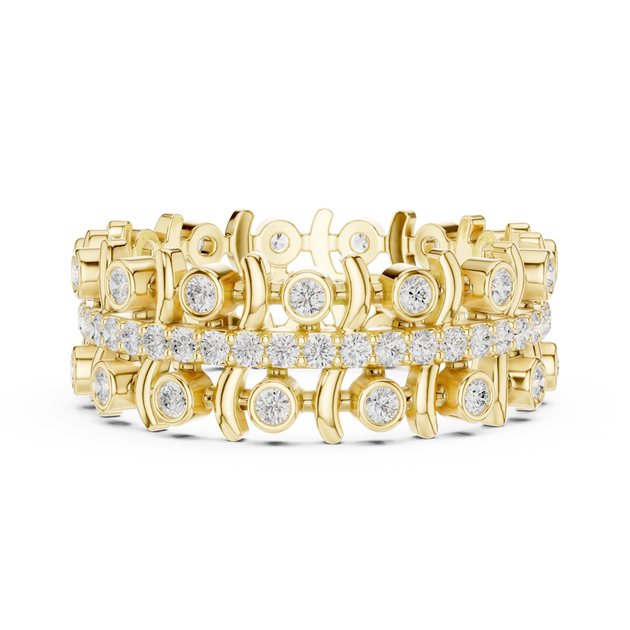 Flat Lay: Round Diamond Rings with Pave Setting in 14k Yellow Gold - Lab Grown - Driona Jewels