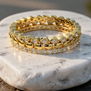 Flat Lay: Round Diamond Rings with Pave Setting in 14k Yellow Gold - Lab Grown - Driona Jewels