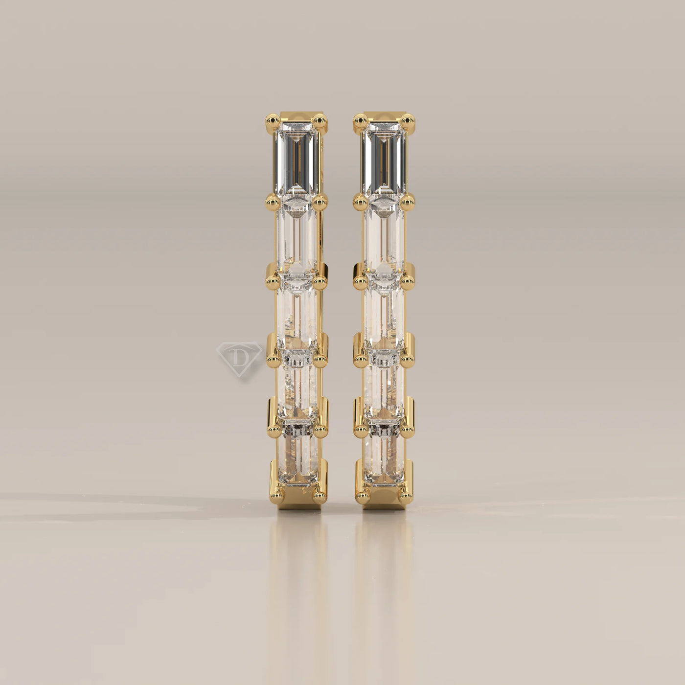 Front View: Baguette Diamond Huggie Hoop Earrings with Prong Setting in Yellow Gold – Lab Grown – Driona Jewels