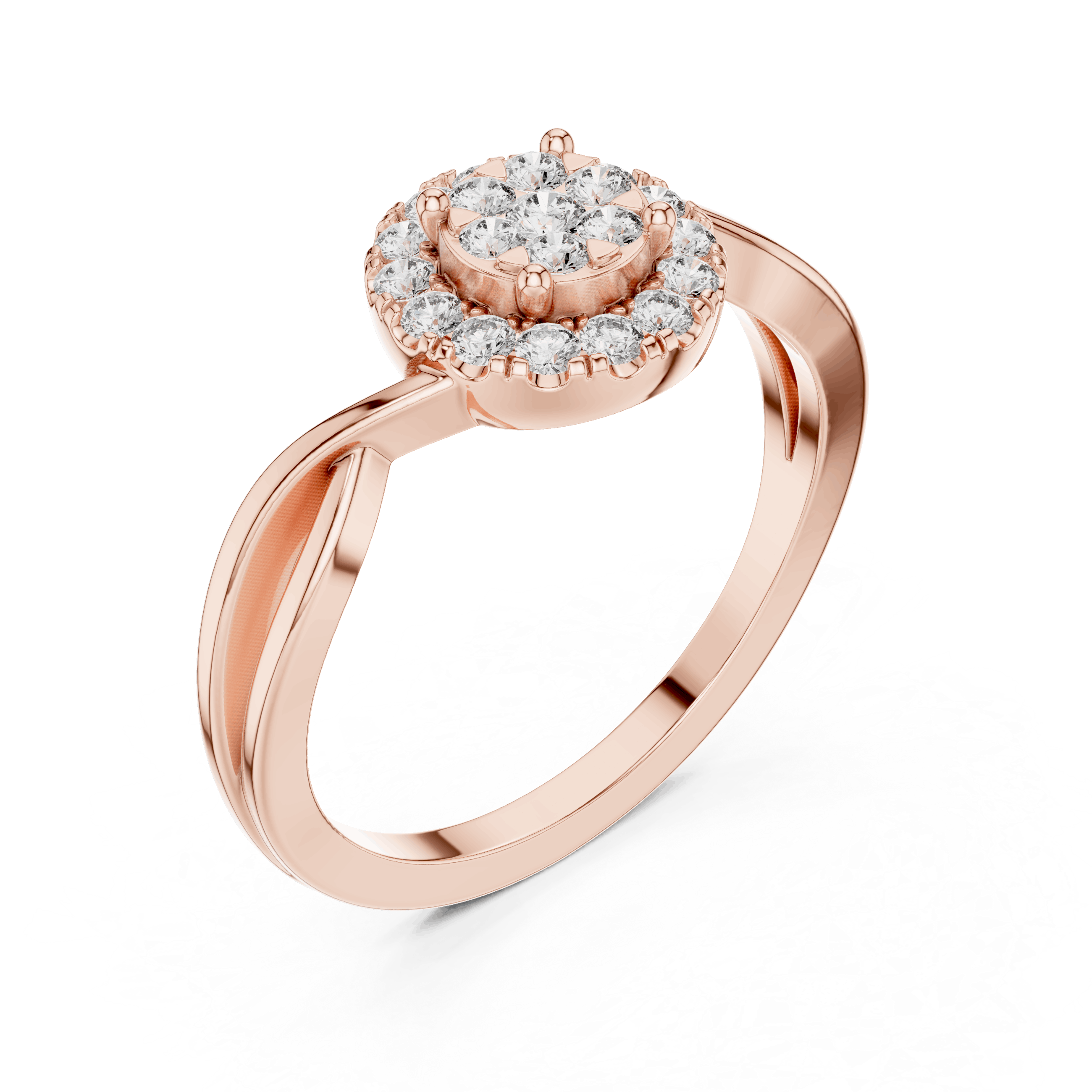 18K Rose Gold Diamond Engagement Ring featuring Cluster Halo Infinity Split Shank style with Luxury finish for women - Perfect Bridal & Anniversary Gift - 45 Degree Angled View