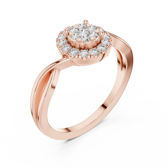 18K Rose Gold Diamond Engagement Ring featuring Cluster Halo Infinity Split Shank style with Luxury finish for women - Perfect Bridal & Anniversary Gift - 45 Degree Angled View