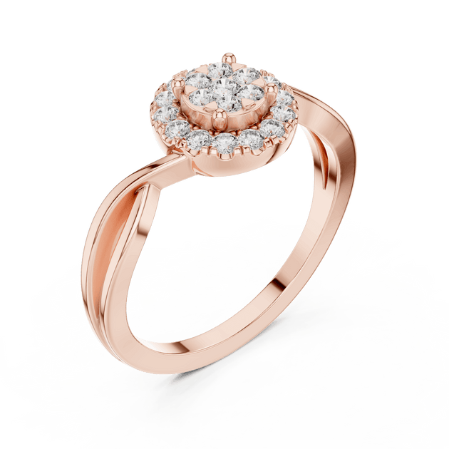 18K Rose Gold Diamond Engagement Ring featuring Cluster Halo Infinity Split Shank style with Luxury finish for women - Perfect Bridal & Anniversary Gift - 45 Degree Angled View
