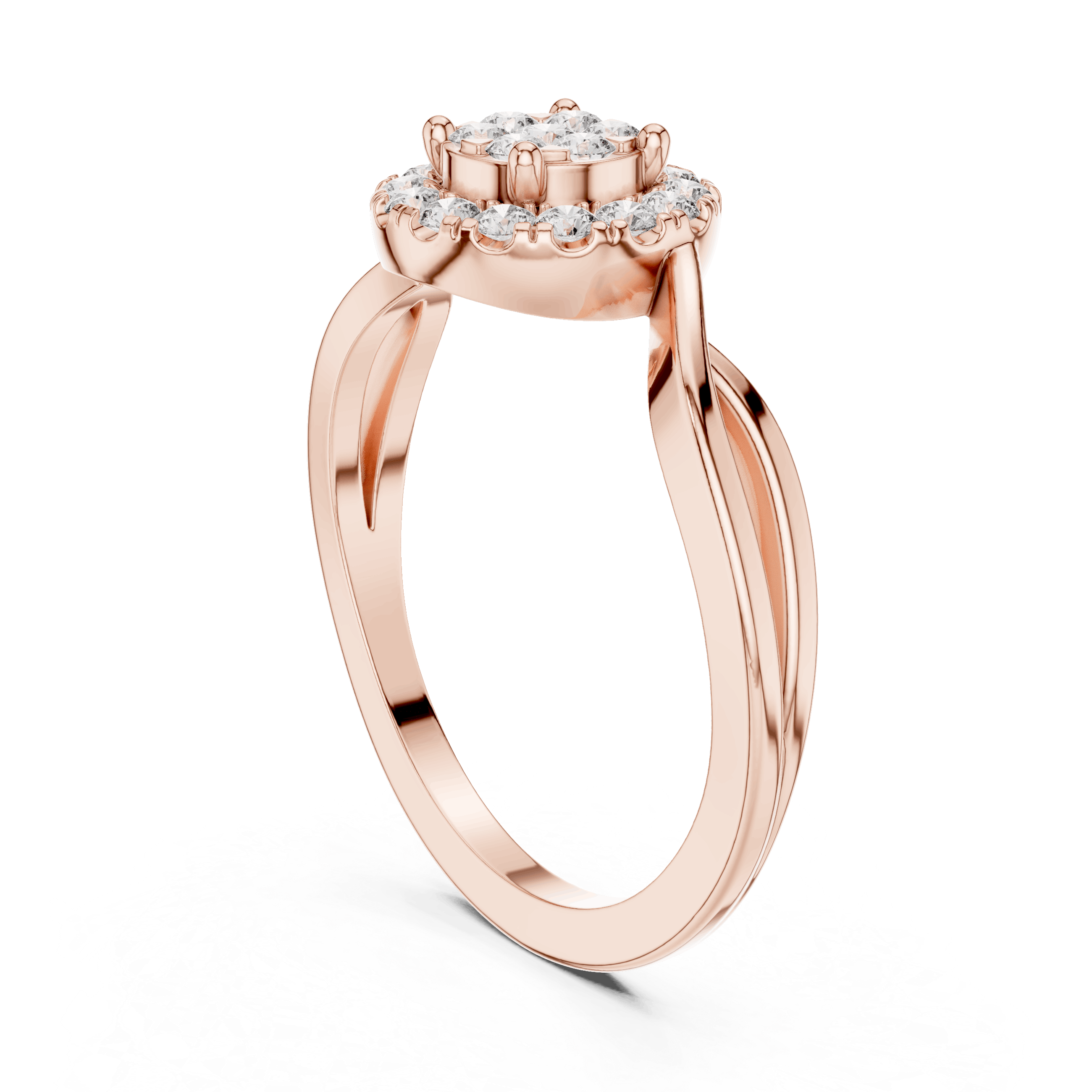 18K Rose Gold Diamond Engagement Ring featuring Cluster Halo Infinity Split Shank style with Luxury finish for women - Perfect Bridal & Anniversary Gift - 45 Degree Angled View