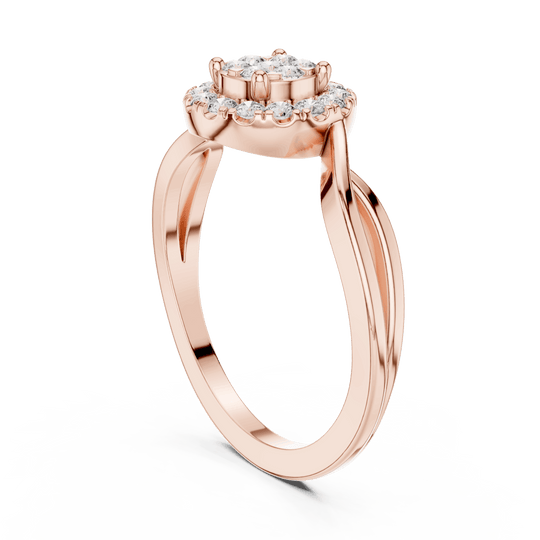 18K Rose Gold Diamond Engagement Ring featuring Cluster Halo Infinity Split Shank style with Luxury finish for women - Perfect Bridal & Anniversary Gift - 45 Degree Angled View