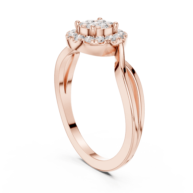 18K Rose Gold Diamond Engagement Ring featuring Cluster Halo Infinity Split Shank style with Luxury finish for women - Perfect Bridal & Anniversary Gift - 45 Degree Angled View
