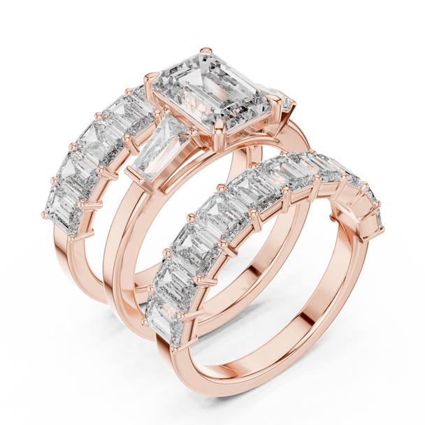 18K Rose Gold Diamond Bridal Ring Set featuring Emerald Cut Stackable Eternity style with Luxury finish for women - Perfect Wedding & Anniversary Gift - 45 Degree Angled View