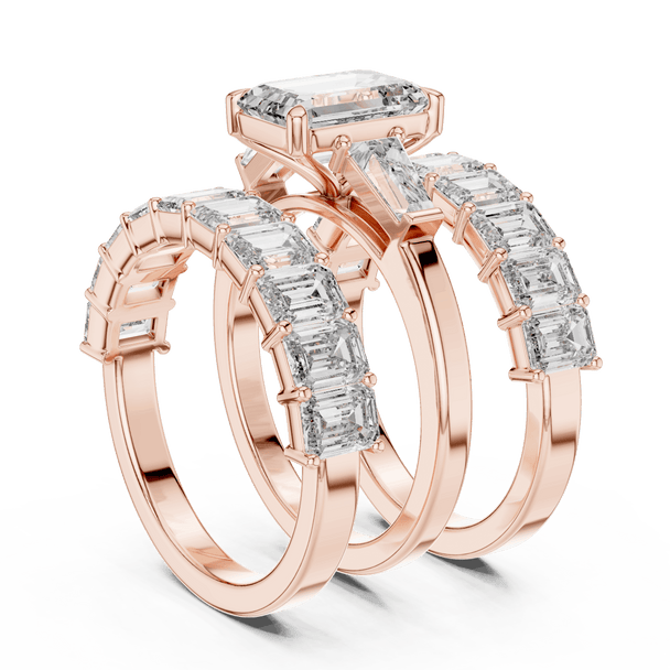 18K Rose Gold Diamond Bridal Ring Set featuring Emerald Cut Stackable Eternity style with Luxury finish for women - Perfect Wedding & Anniversary Gift - 45 Degree Angled View