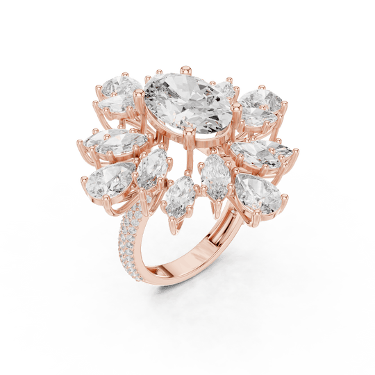 18K Rose Gold Diamond Cocktail Ring featuring Oval Starburst Marquise Pave style with Luxury finish for women - Perfect Statement & Bridal Gift - 45 Degree Angled View