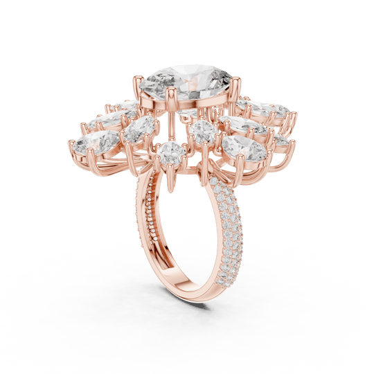 18K Rose Gold Diamond Cocktail Ring featuring Oval Starburst Marquise Pave style with Luxury finish for women - Perfect Statement & Bridal Gift - 45 Degree Angled View