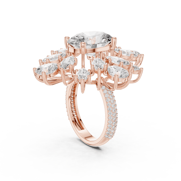 18K Rose Gold Diamond Cocktail Ring featuring Oval Starburst Marquise Pave style with Luxury finish for women - Perfect Statement & Bridal Gift - 45 Degree Angled View