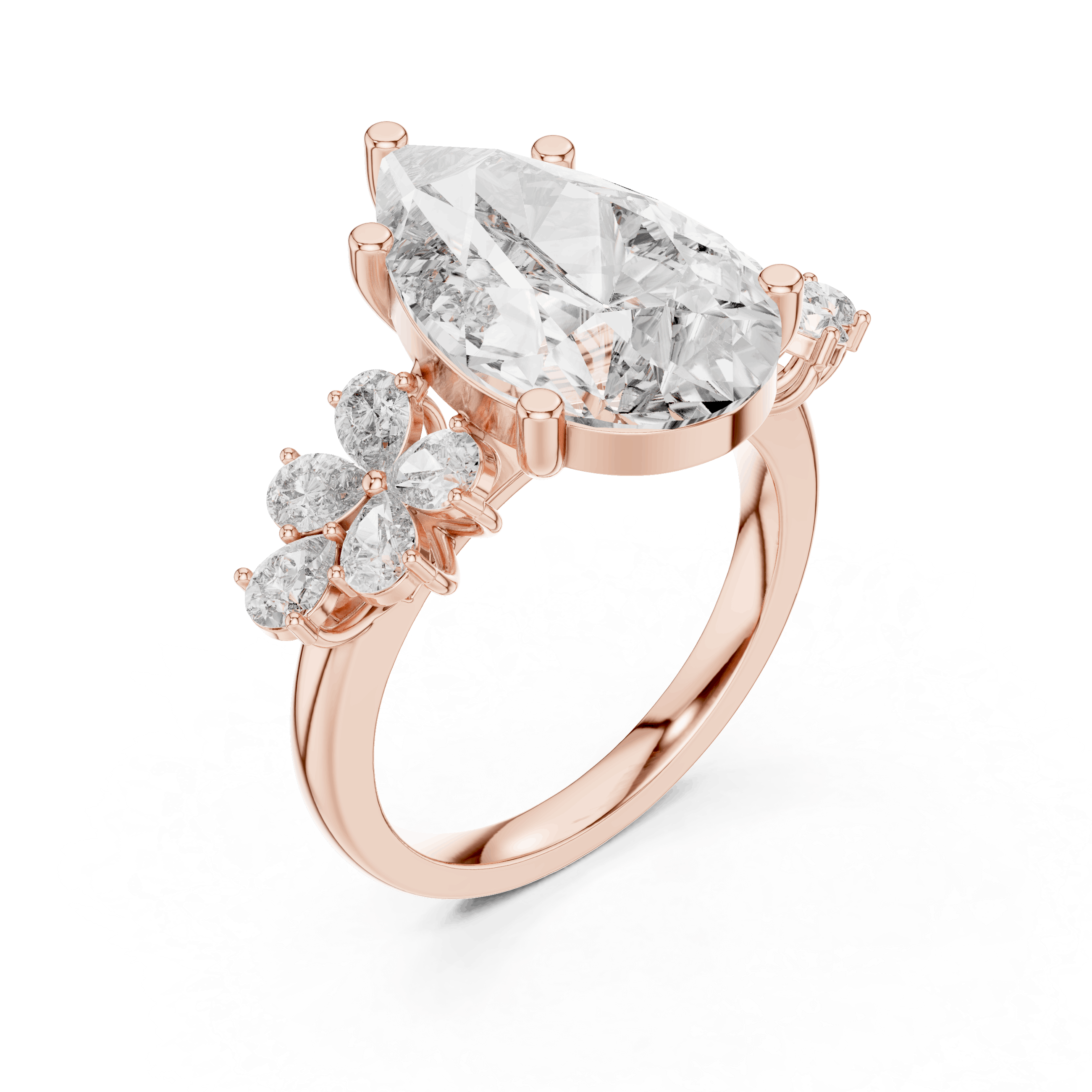 18K Rose Gold Diamond Engagement Ring featuring Pear Shaped Floral Cluster style with Luxury finish for women - Perfect Bridal & Anniversary Gift - 45 Degree Angled View
