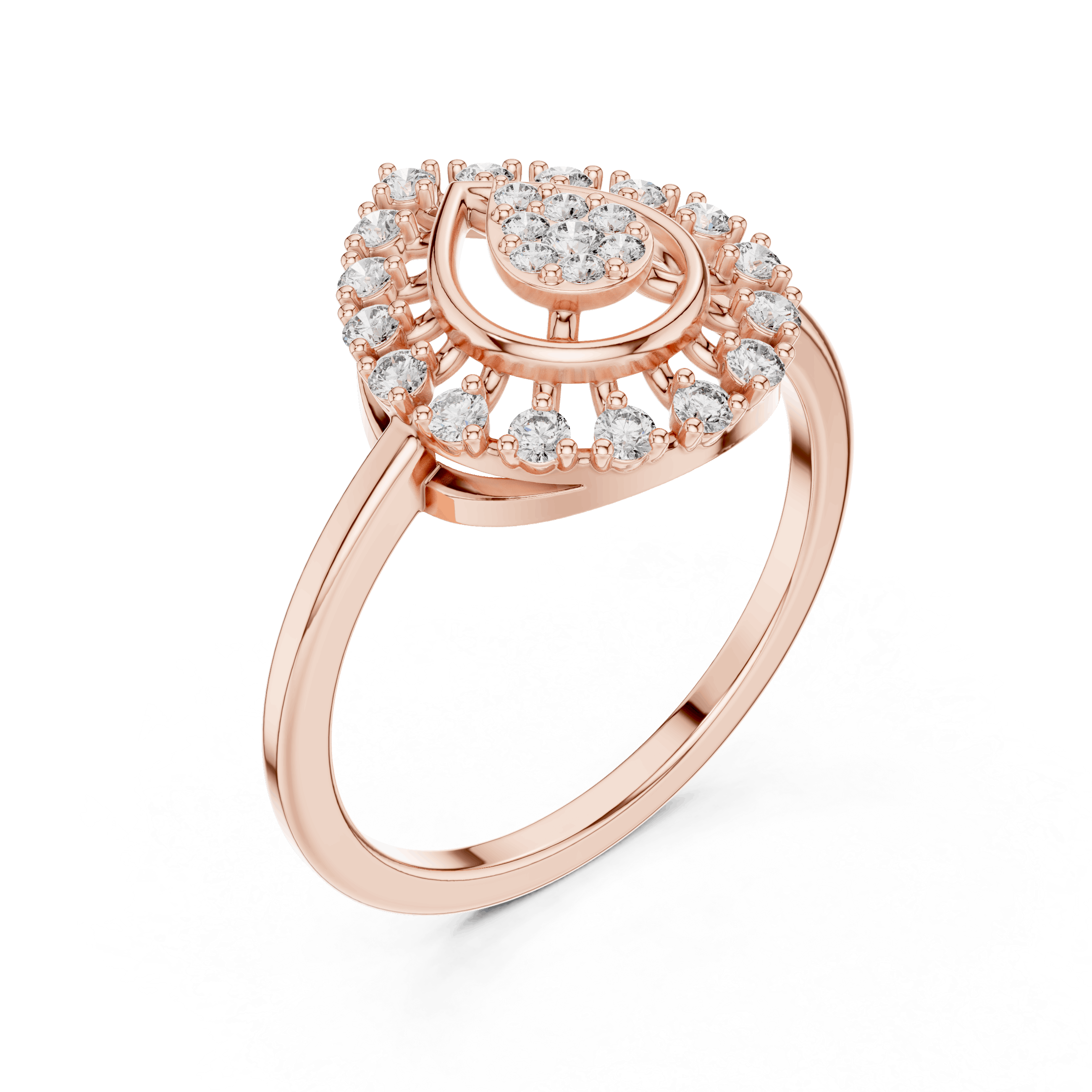 18K Rose Gold Diamond Engagement Ring featuring Pear Shaped Open Lace Halo Cluster style with Luxury finish for women - Perfect Bridal & Anniversary Gift - 45 Degree Angled View