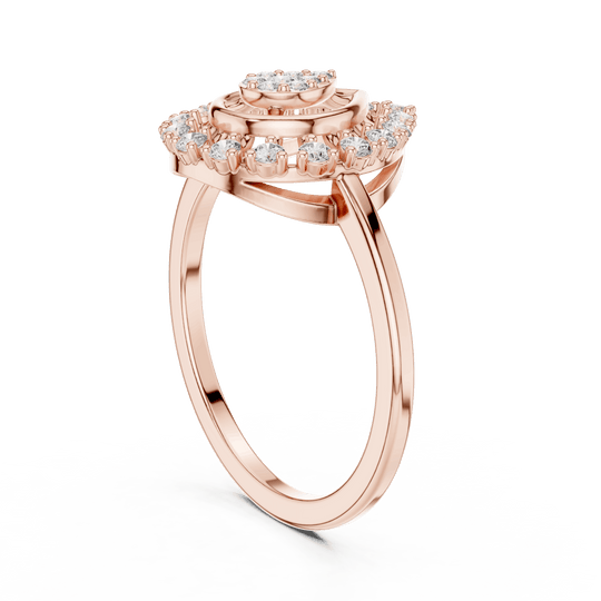 18K Rose Gold Diamond Engagement Ring featuring Pear Shaped Open Lace Halo Cluster style with Luxury finish for women - Perfect Bridal & Anniversary Gift - 45 Degree Angled View