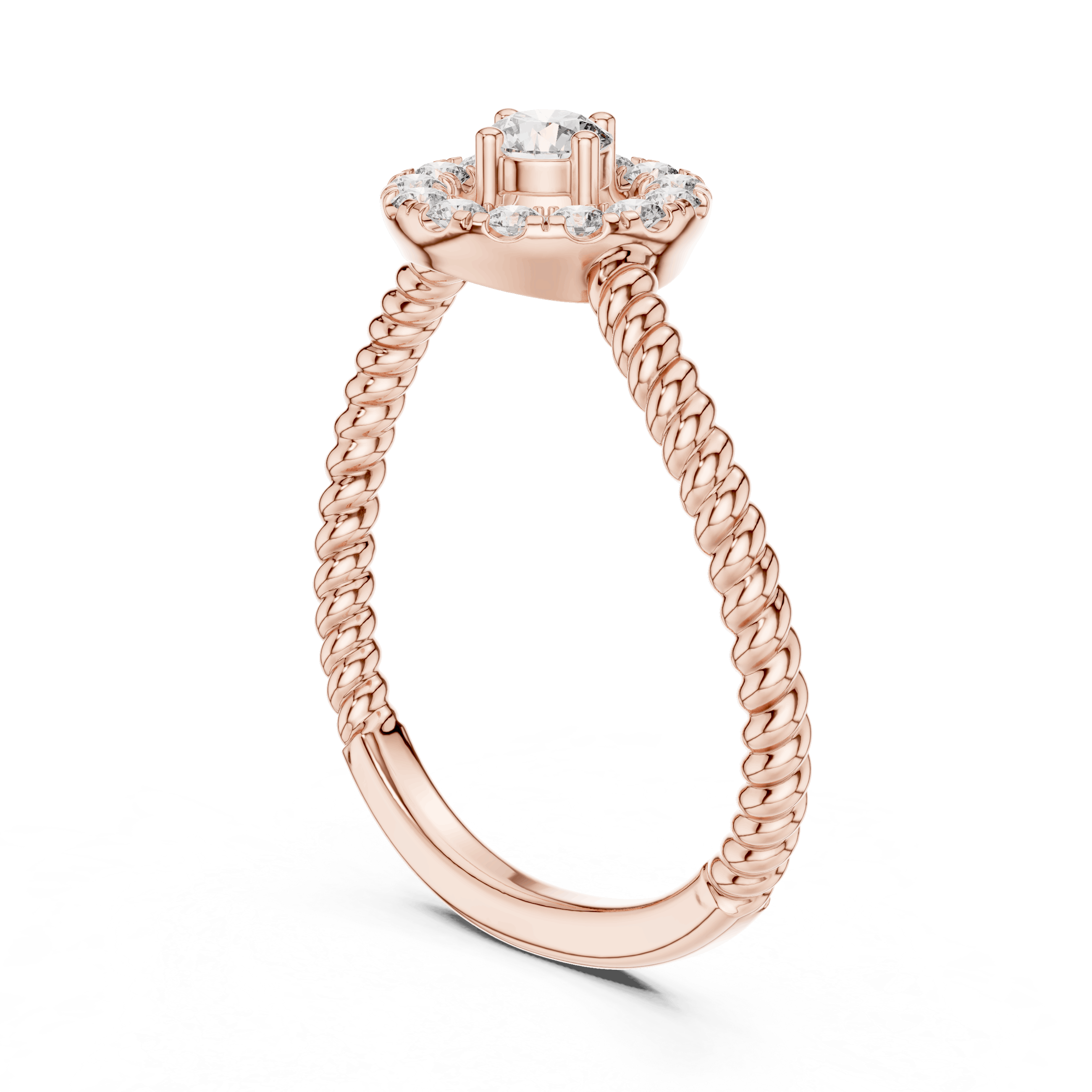 18K Rose Gold Diamond Engagement Ring featuring Round Halo Twisted Rope style with Luxury finish for women - Perfect Bridal & Anniversary Gift - 45 Degree Angled View