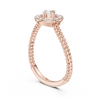 18K Rose Gold Diamond Engagement Ring featuring Round Halo Twisted Rope style with Luxury finish for women - Perfect Bridal & Anniversary Gift - 45 Degree Angled View