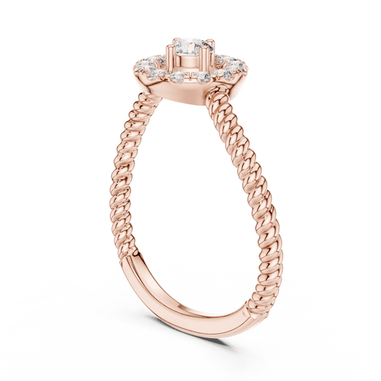 18K Rose Gold Diamond Engagement Ring featuring Round Halo Twisted Rope style with Luxury finish for women - Perfect Bridal & Anniversary Gift - 45 Degree Angled View