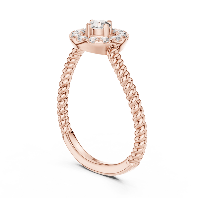 18K Rose Gold Diamond Engagement Ring featuring Round Halo Twisted Rope style with Luxury finish for women - Perfect Bridal & Anniversary Gift - 45 Degree Angled View