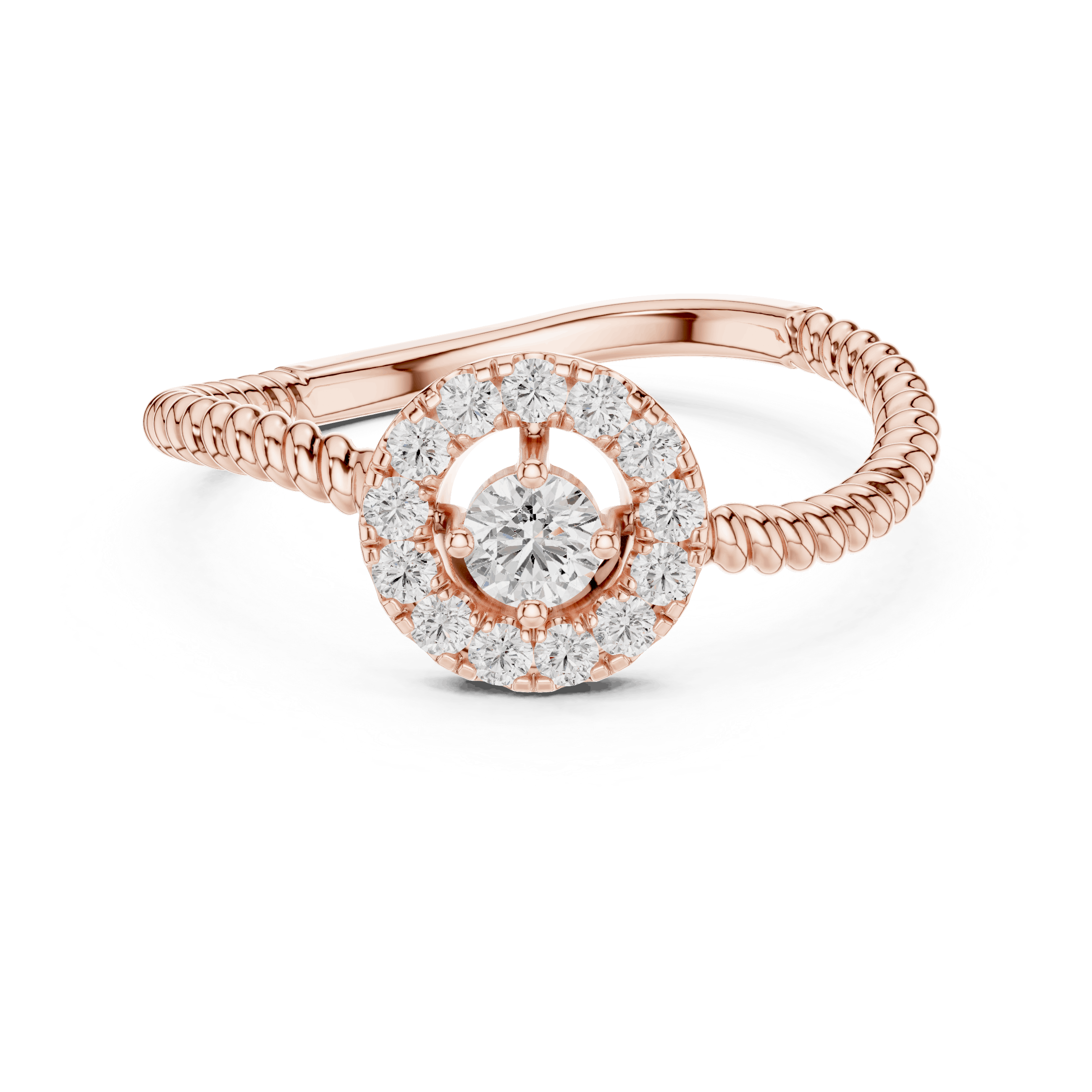 18K Rose Gold Diamond Engagement Ring featuring Round Halo Twisted Rope style with Luxury finish for women - Perfect Bridal & Anniversary Gift - 45 Degree Angled View