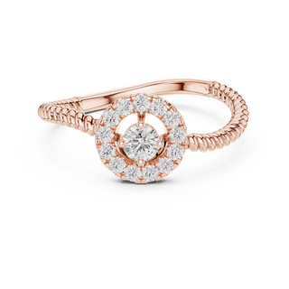 18K Rose Gold Diamond Engagement Ring featuring Round Halo Twisted Rope style with Luxury finish for women - Perfect Bridal & Anniversary Gift - 45 Degree Angled View