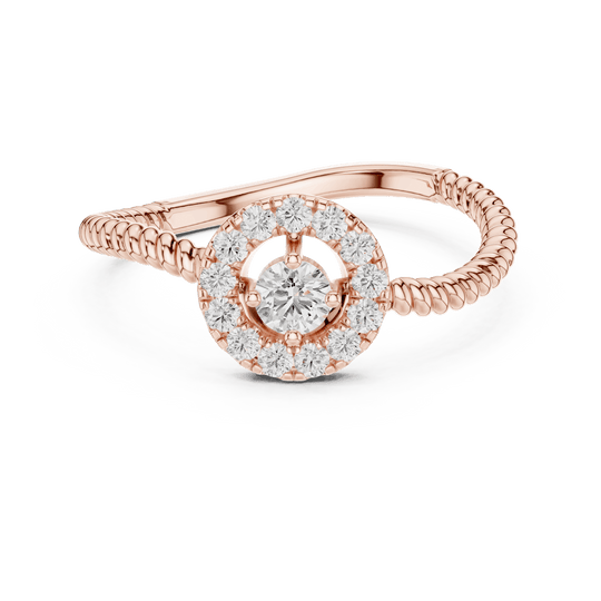 18K Rose Gold Diamond Engagement Ring featuring Round Halo Twisted Rope style with Luxury finish for women - Perfect Bridal & Anniversary Gift - 45 Degree Angled View