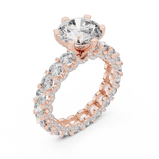 18K Rose Gold Diamond Engagement Ring featuring Round Brilliant Triple Row Eternity style with Luxury finish for women - Perfect Bridal & Anniversary Gift - 45 Degree Angled View