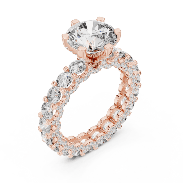18K Rose Gold Diamond Engagement Ring featuring Round Brilliant Triple Row Eternity style with Luxury finish for women - Perfect Bridal & Anniversary Gift - 45 Degree Angled View