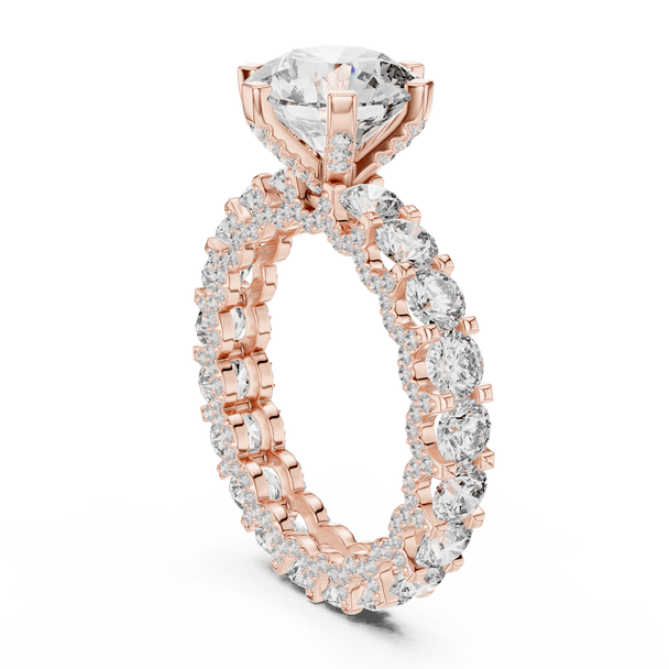 18K Rose Gold Diamond Engagement Ring featuring Round Brilliant Triple Row Eternity style with Luxury finish for women - Perfect Bridal & Anniversary Gift - 45 Degree Angled View