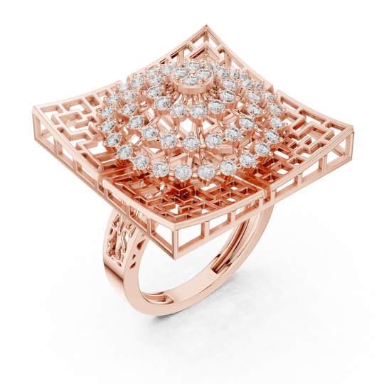 18K Rose Gold Diamond Cocktail Ring featuring Square Lattice Geometric Fretwork style with Luxury finish for women - Perfect Statement & Festive Gift - 45 Degree Angled View