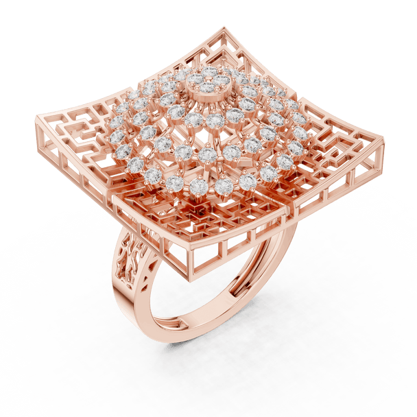 18K Rose Gold Diamond Cocktail Ring featuring Square Lattice Geometric Fretwork style with Luxury finish for women - Perfect Statement & Festive Gift - 45 Degree Angled View