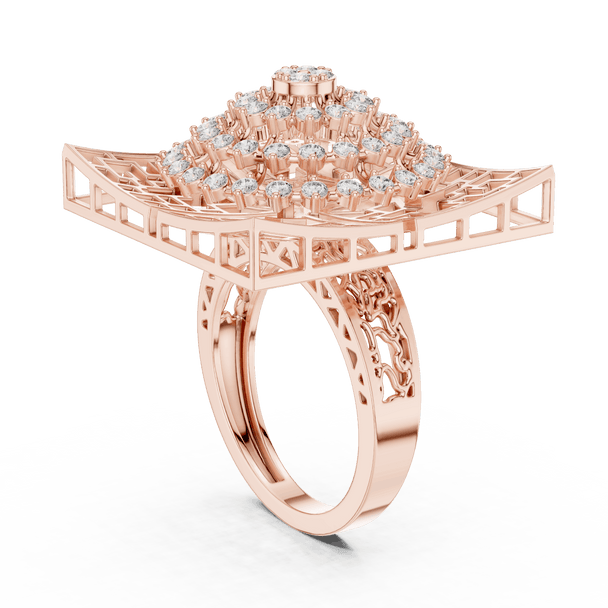 18K Rose Gold Diamond Cocktail Ring featuring Square Lattice Geometric Fretwork style with Luxury finish for women - Perfect Statement & Festive Gift - 45 Degree Angled View