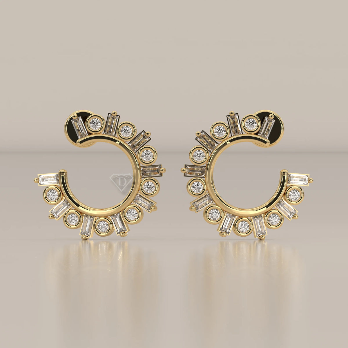 Front View: Round Diamond Hoop Earrings with Prong Setting in Yellow Gold – Lab Grown – Driona Jewels