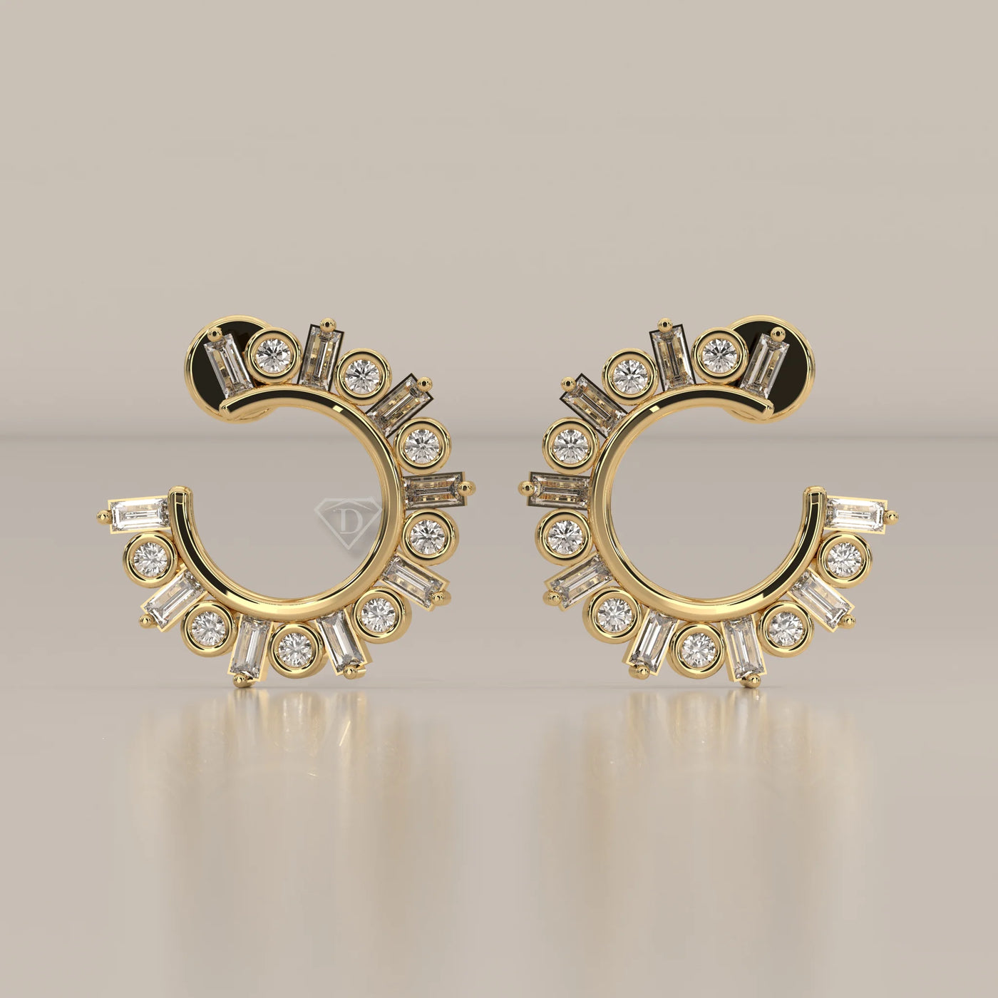 Front View: Round Diamond Hoop Earrings with Prong Setting in Yellow Gold – Lab Grown – Driona Jewels
